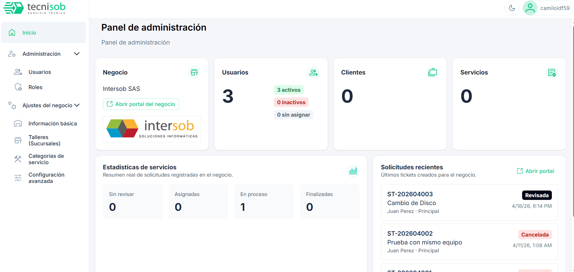 Tecnisob 3.0 admin dashboard