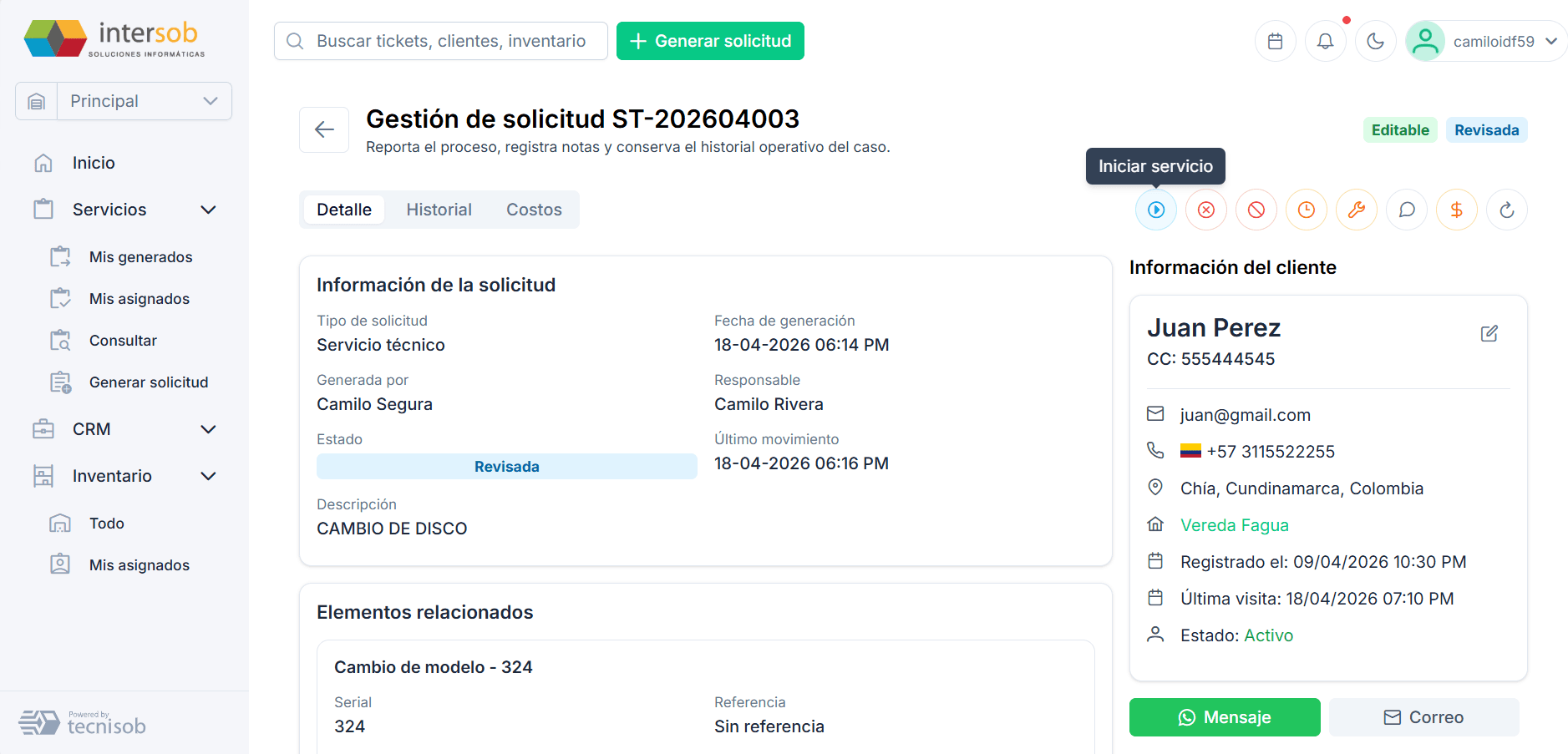 Ticket management screen in Tecnisob 3.0